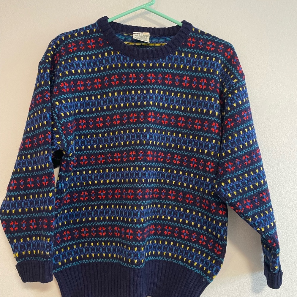 Men's Blarney Woolen Mills Small Blue Patterned Sweater Wool Scotland